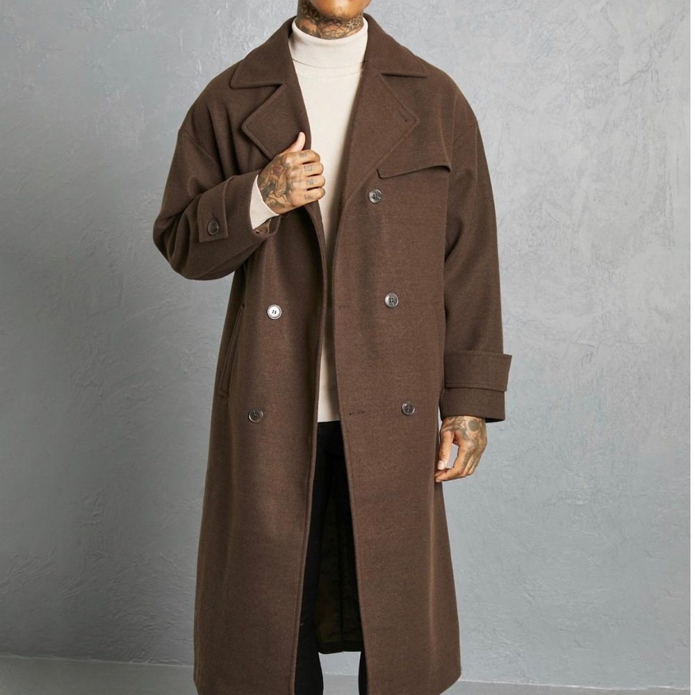Boohoo Man Double Breasted Storm Flap Trench Overcoat in Chocolate. Mens size M